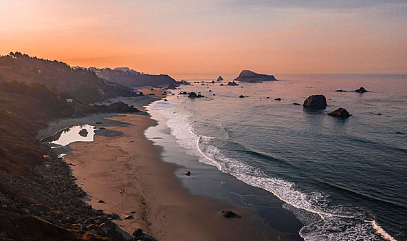 日出,沙滩,海边风景,许多,崎岖,岩石,岛屿,俄勒冈,美国,北美