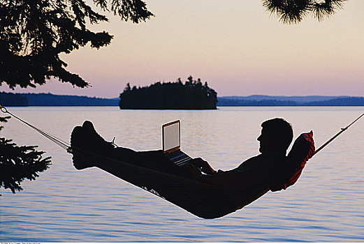 男人,吊床,使用笔记本,电脑,阿尔冈金公园,安大略省,加拿大