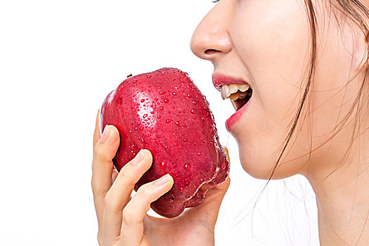 健康的生活方式,吃苹果的特写镜头,牙齿,美女