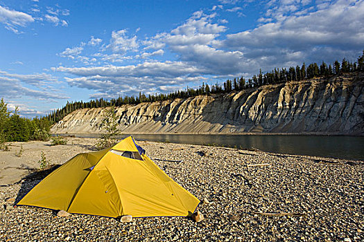 帐蓬,砾石,高,切削,后面,河,育空地区,加拿大