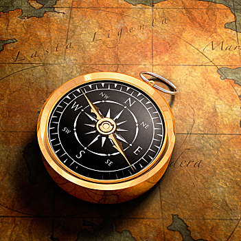 老,黄铜,指南针,地图,背景