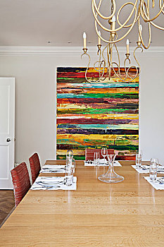 餐厅,桌子,大,抽象,条纹,艺术品,墙壁