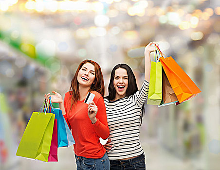购物,销售,礼物,概念,两个,微笑,少女,购物袋,信用卡