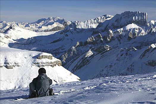 滑雪板玩家,头盔,正面,阿尔卑斯山,全景,吐根堡,瑞士