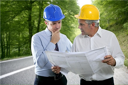 工程师,建筑师,两个,专业,计划,安全帽,林道