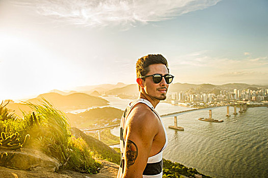 男人,视点,日落,里约热内卢,巴西