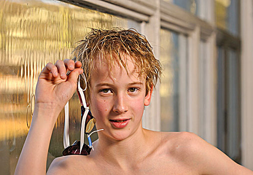 男孩,游泳者,13岁,泳镜,肖像,游泳池
