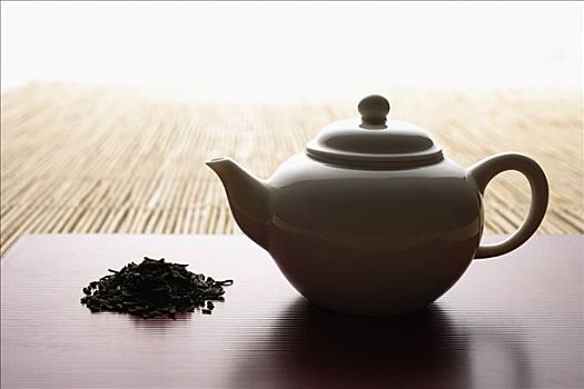 茶叶,堆,茶壶,竹垫,特写