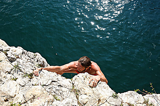男人,剥落,陡峭,岩石,俯视,河