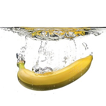 香蕉,水,溅,白色背景