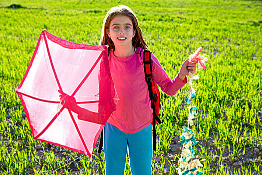 儿童,女孩,拿着,粉色,风筝,传统,春天,牧场