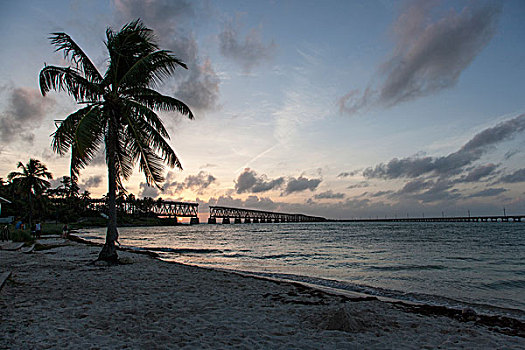 风景,海滩,轨道,桥,日落,佛罗里达礁岛群,佛罗里达,美国
