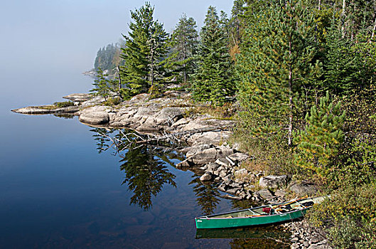 岩石,海岸线,法国,湖,搁浅,独木舟,省立公园,加拿大