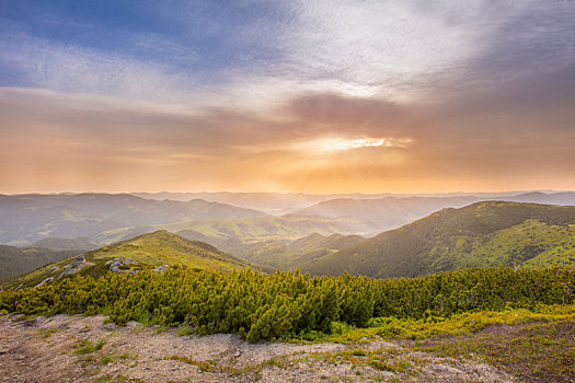 夏天,早晨,风景,山