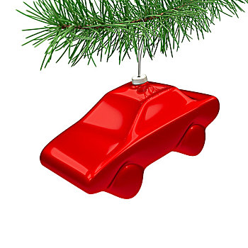 红色,汽车,玩具,悬挂,圣诞树,隔绝,白色背景