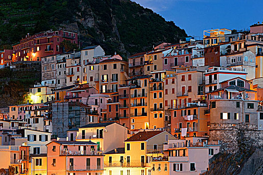 意大利,风格,建筑,上方,悬崖,马纳罗拉,五渔村,夜晚