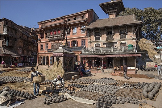 人,工作,手工制作,陶器,十二月,巴克塔普尔,加德满都山谷,尼泊尔