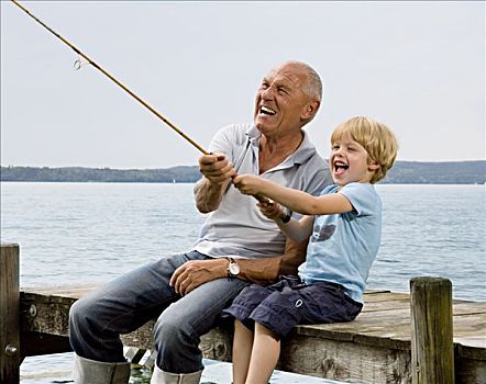 男孩,钓鱼,爷爷,湖