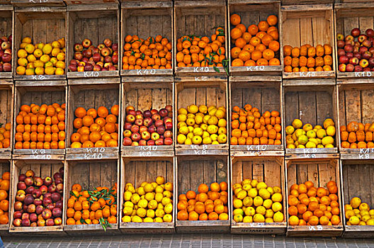 果蔬,店,展示,商品,木质,板条箱,街上,西红柿,许多,橘子,柠檬,香蕉,蒙得维的亚,乌拉圭,南美