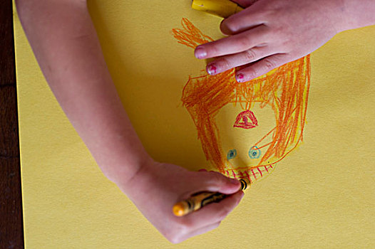 女孩,绘画,黄色,纸,俯拍