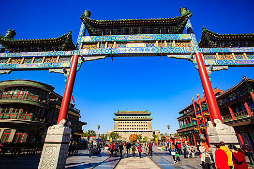 北京,前门大街,正阳门大街,正阳桥,商业街,中轴线,天空,蓝天,户外,建筑,东方元素
