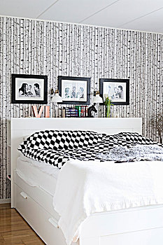 白色,床,床头板,黑白,图案,床上用品,仰视,框架,照片,壁纸