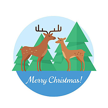 圣诞快乐,矢量,概念,设计,小鹿,情侣,雌性,雄性,站立,背景,云杉,北方,植物,动物,创意,贺卡,广告,高兴