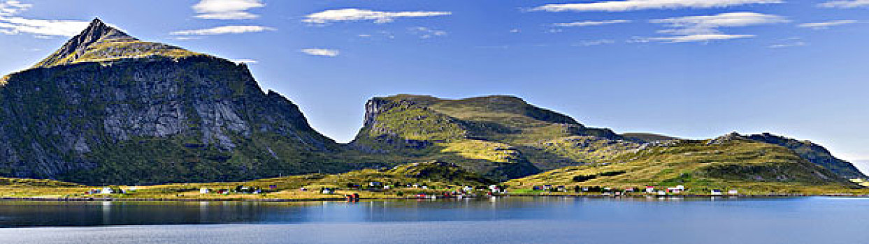 斯堪的纳维亚,挪威,罗弗敦群岛,柯瑞斯塔特,渔村,山景,全景