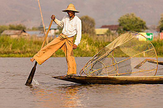 渔民,划船,一个,腿,茵莱湖,缅甸,亚洲