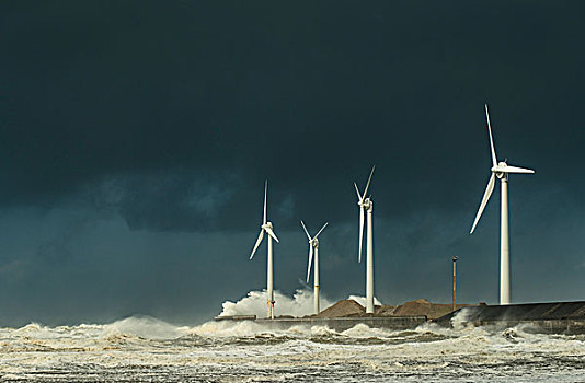 四个,风轮机,凶恶,风暴,波浪,云,海岸,北加莱海峡地区,法国
