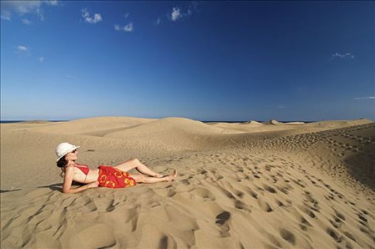女人,正面,沙丘,大卡纳利岛,加纳利群岛,西班牙