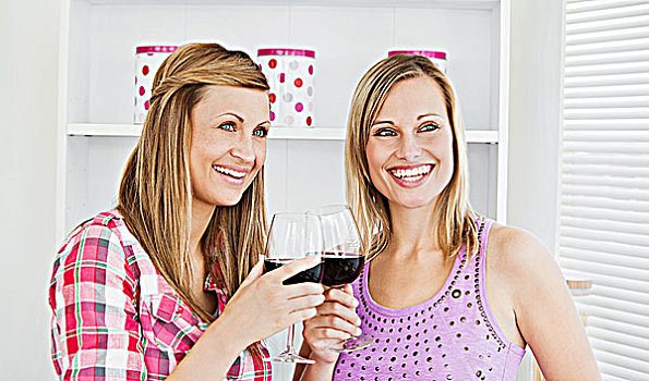 生机,女性朋友,喝,葡萄酒,厨房