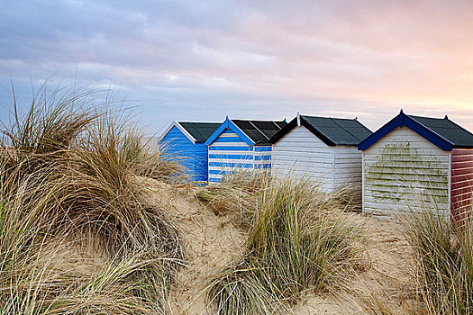 英格兰,黎明,沙丘,彩色,海滩小屋,海边,海岸