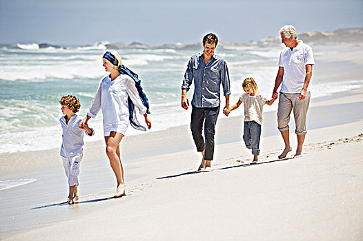 后代,家庭,走,海滩