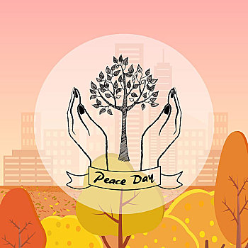树,防护,和平象征,白天,矢量,插画,秋天,城市,背景,摩天大楼,建筑