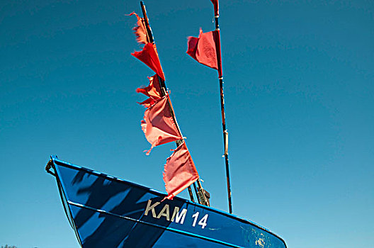 渔船,杆,旗帜,乌瑟多姆岛,岛屿,梅克伦堡前波莫瑞州,德国,欧洲