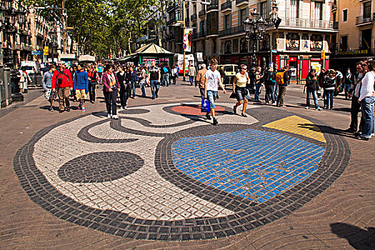 镶嵌图案,地面,游客,兰不拉,步行区,巴塞罗那,加泰罗尼亚,西班牙,欧洲