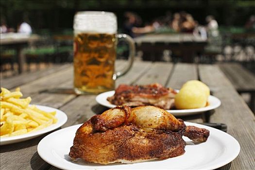 一半,烤鸡,啤酒坊,慕尼黑,巴伐利亚,德国,欧洲