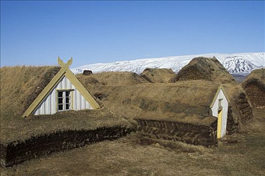 冰岛,房子,遮盖,杂草,雪山