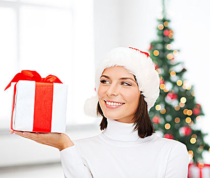 圣诞节,冬天,高兴,休假,人,概念,微笑,女人,圣诞老人,帽子,礼盒,上方,客厅,圣诞树,背景