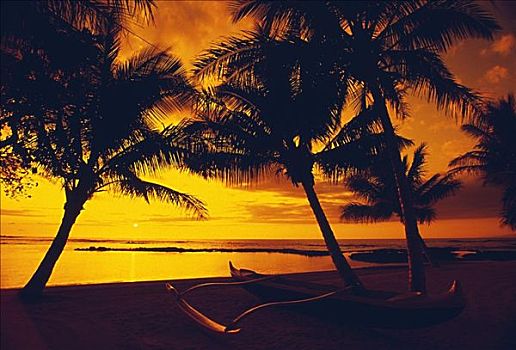 夏威夷,毛纳拉尼,海滩,酒店,海洋,日落,舷外支架,独木舟,休息,热带沙滩