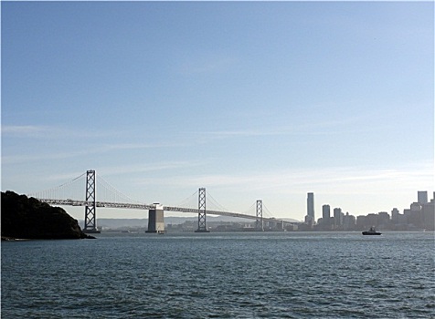 拖船,头部,海湾大桥,旧金山,市区,城市,背景