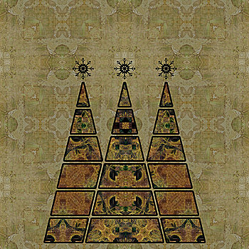 艺术,三个,圣诞树,绿色,褐色,米色,彩色,抽象图案,旧式,图案,背景
