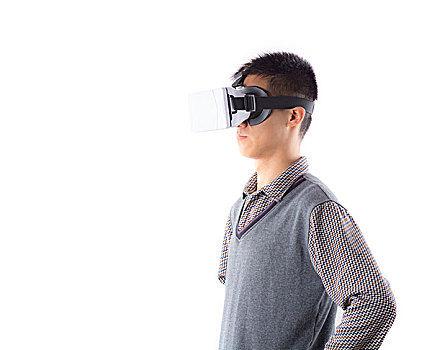 虚拟现实头盔男子的行动,vr眼镜,隔绝在白色背景