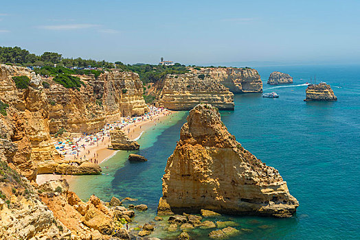 海滩,客人,蓝绿色海水,崎岖,岩石海岸,砂岩,岩石构造,海中,阿尔加维,拉各斯,葡萄牙,欧洲