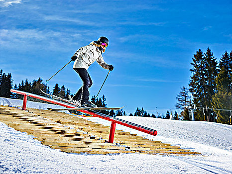 青少年,滑雪,滑动,栏杆,提洛尔,奥地利,欧洲