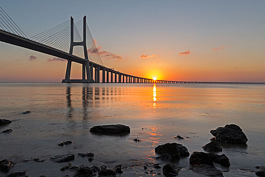 桥,上方,塔霍河,日落,里斯本,葡萄牙,欧洲