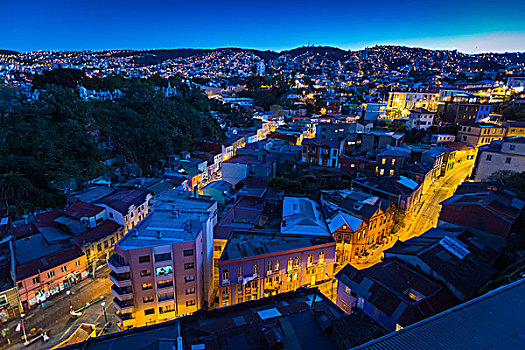 俯视,城市,夜晚,瓦尔帕莱索,智利