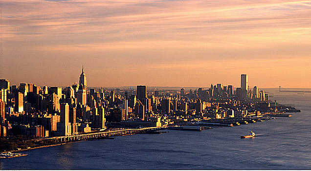城市天际线,日落,曼哈顿,岛屿,纽约,美国