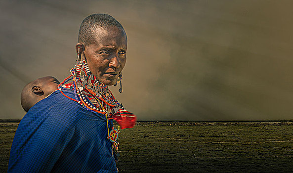 马萨伊,女人,孩子,乡村,安伯塞利国家公园,裂谷,肯尼亚